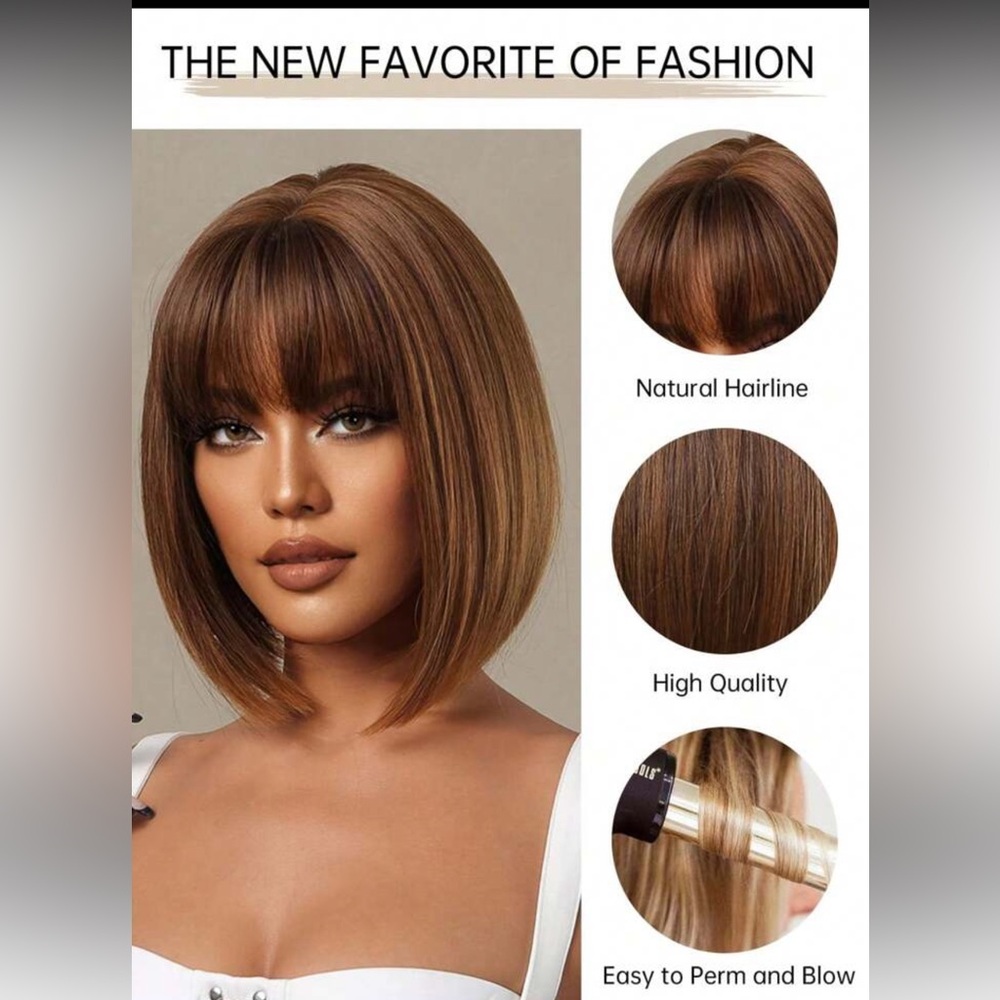 New 12”Short Straight Hair Wig For Women, Synthetic With Bangs Bob, Donna Flash - Picture 4 of 13